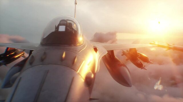 Military fighter jet F-16 flying over clouds. Air force.