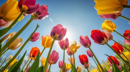 Obraz premium Tulip Garden View from Ground Level Towering Flowers Under Sky