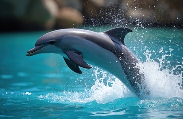 Fototapeta premium Joyful dolphin leaps in clear turquoise sea water with splashes. Marine mammal jumps with energy. Underwater sea life aquatic animal swims with agility, freedom, speed, fun.