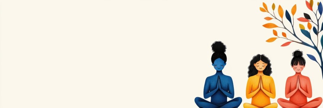 wellness website header, a lively, artistic website header featuring hand-drawn illustrations of diverse individuals practicing self-care activities, with space for the main call-to-action text