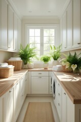 Sunny, white laundry room with plants