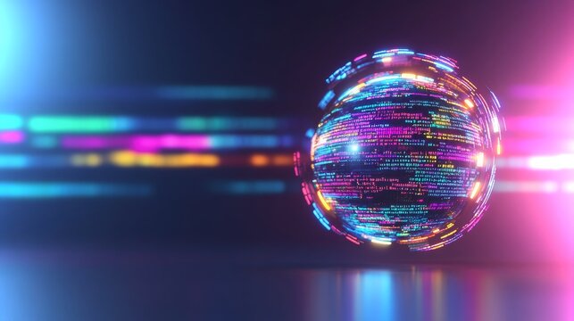 Dynamic digital sphere with vibrant light trails showcasing data visualization in 4k resolution