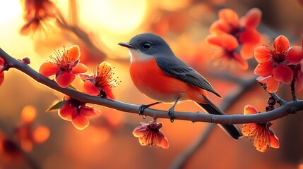 Fototapeta premium Flame robin perching on blooming branch at sunset