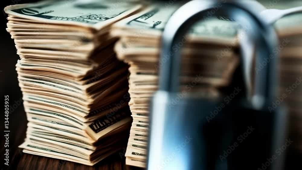 Poster A metal lock rests securely on top of stacked cash, symbolizing the importance of privacy and protection in banking. The wooden table adds warmth to this representation of financial security.