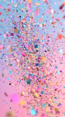 Colorful confetti is flying upwards against a blurred pastel background