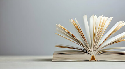 Fototapeta premium Open Book With Beige Pages on White Wooden Table with Soft Lighting