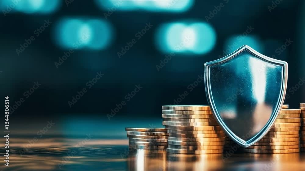 Leinwandbilder a reflective shield stands prominently on a stack of coins, representing the significance of banking