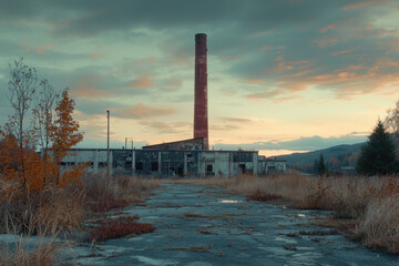 Forgotten vestiges of industry tell a story as twilight descends over an abandoned factory in the serene landscape of New England