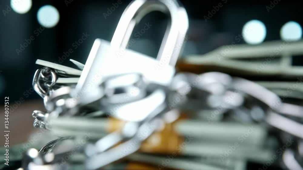 Leinwandbilder Stacks of cash are tightly bound by a heavy chain and a sturdy padlock, symbolizing the importance of security and privacy in banking practices. This visual emphasizes protection of financial assets.