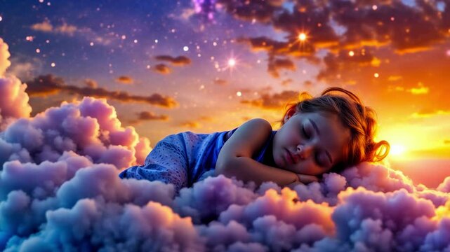 Cute baby sleeping sweetly on colorful clouds
