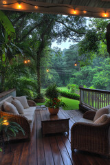 Elegant Veranda with Cozy Wicker Furniture Overlooking Lush Garden and Ambient Lighting for Relaxation