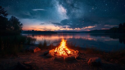 Cozy campfire scene under starlit sky peaceful nature setting with copy space
