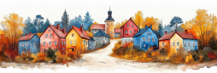 A picturesque watercolor view of the street with charming houses surrounded by lush greenery and bright flowers, capturing the essence of rural life. The European village is painted in watercolor.