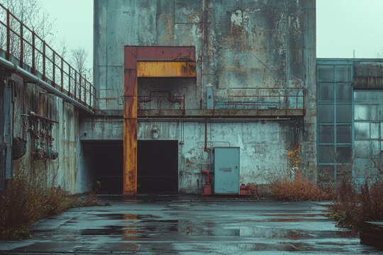 Urban exploration of an abandoned factory showcasing industrial decay, vibrant colors, and overgrown nature after a rainy day in an unknown city