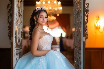 Quinceañera in an Elegant Blue Gown with Tiara at a Grand Celebration