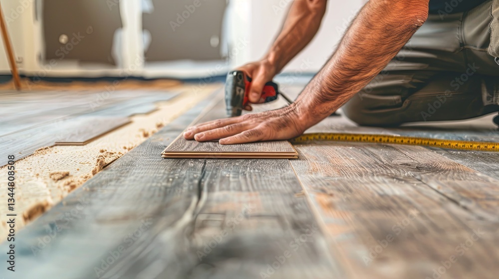 Poster worker replacing old flooring with high-quality laminate and hardwood in a residential space during 