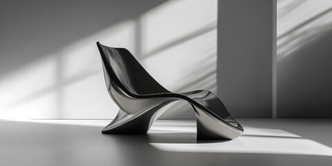 A modern metallic sculptural chair in a minimalistic interior scene