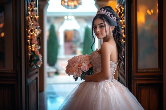 Elegant Quinceañera in a Sparkling Gown Holding a Bouquet at a Decorated Venue