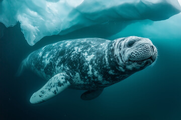 Fototapeta premium Close-up of a seal swimming in icy Arctic waters
