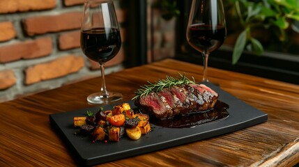 a beef steak dish with grilled texture and herbs