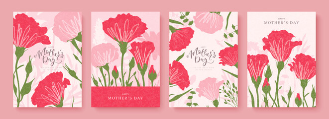 Happy Mother's Day. Set of spring postcards with hand drawn flowers. Red and pink carnations and beautiful handwritten inscription. Collection of templates for the design of festive promotional