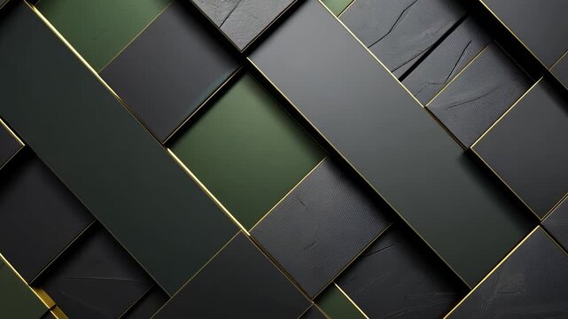 Abstract geometric pattern with dark and green colors.  Interlocking rectangles and stripes create a sophisticated, textured visual effect