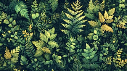 An artistic illustration of various lush green leafy plants and ferns
