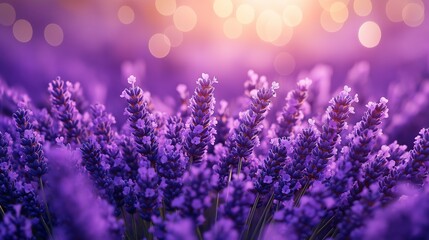 A close-up view of vibrant lavender flowers in a golden sunset, creating a dreamy and serene atmosphere with soft bokeh lights in the background