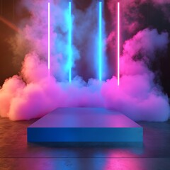 Neon Glow Stage for Smoke, Abstract Background.