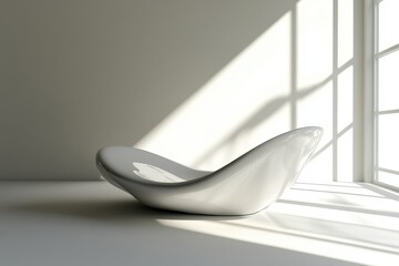An abstract white curved bowl is illuminated by sunlight and shadows