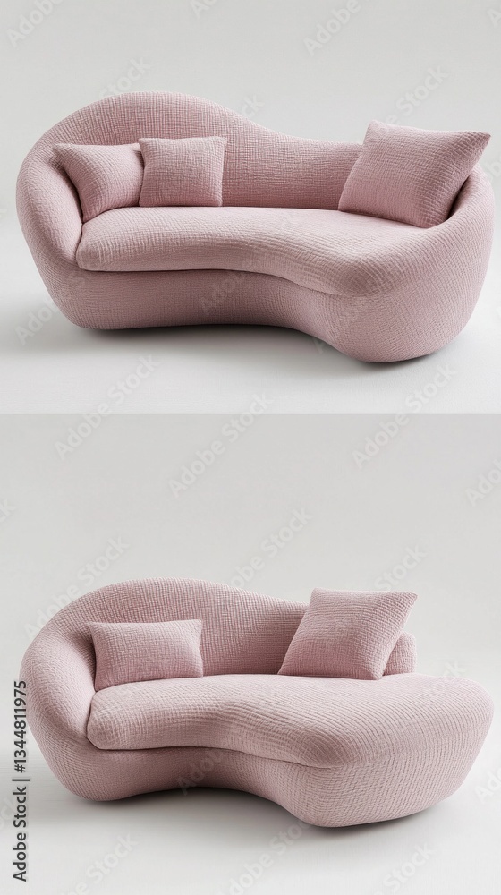 Poster elegant pink sofa with a wavy design is captured in a minimalist space, inviting relaxation. soft cu