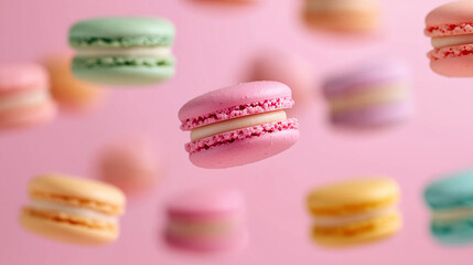 Obraz premium Delicate macarons suspended in midair, hovering above soft pink background with playful, airy composition