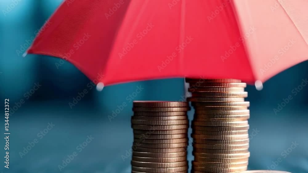 Poster a red umbrella stands over stacks of coins, symbolizing protection and security in banking. this arr