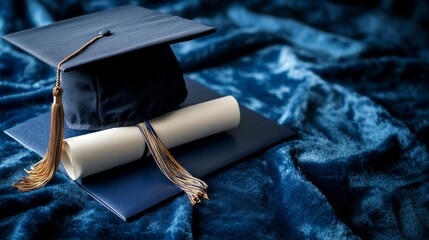 A graduation cap and a rolled diploma are elegantly placed on luxurious blue fabric, symbolizing achievement and success. The scene captures the essence of a graduation celebration.