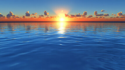 Obraz premium Calm ocean reflecting the bright sunset with clouds above the horizon line