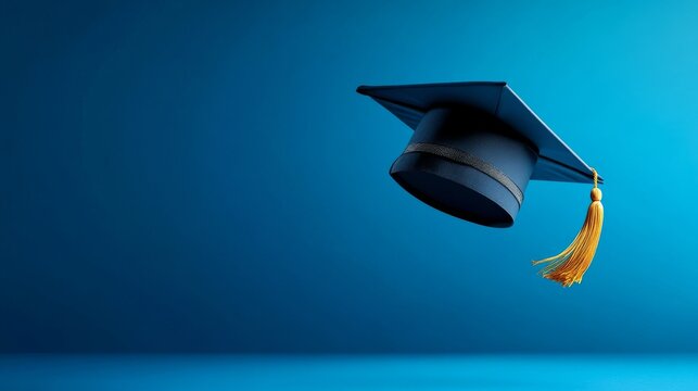 A graduation cap floats effortlessly against a serene blue backdrop, representing accomplishments and the transition to a new chapter. The cap features a long tassel that adds elegance to the scene.