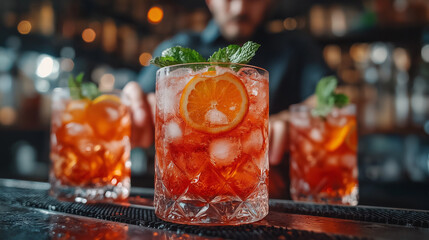 Exquisite cocktails being served by a skilled bartender in a vibrant bar setting during an evening gathering with friends