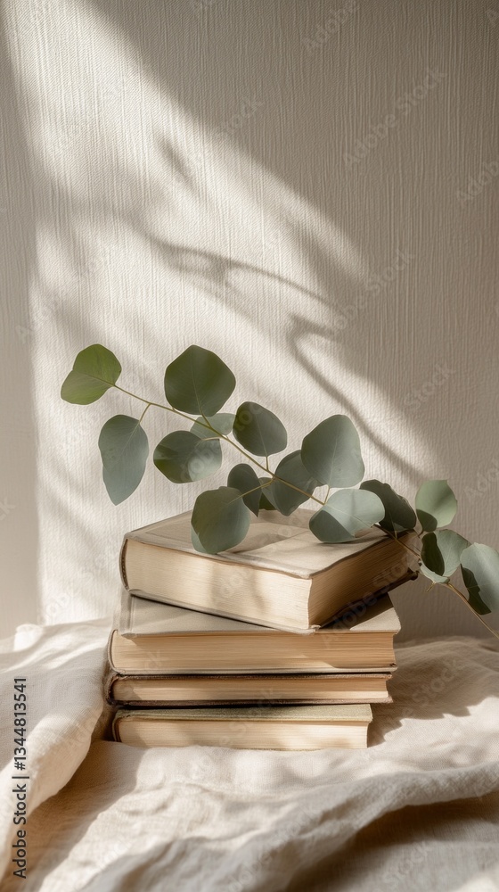 Poster a stack of old books rests on a light fabric, adorned with fresh eucalyptus sprigs. gentle sunlight 
