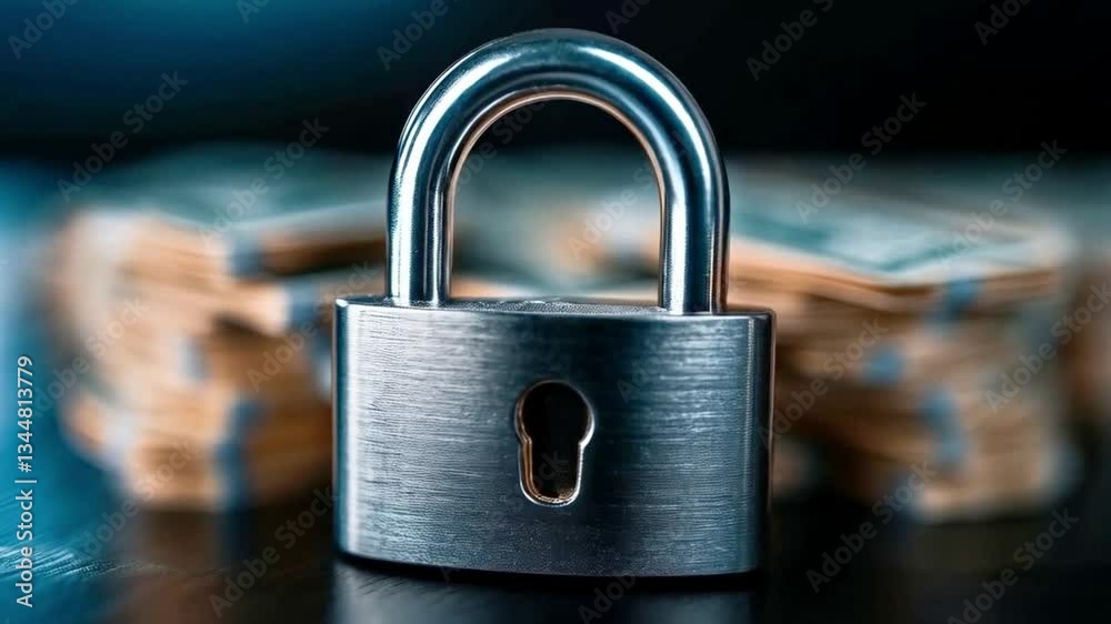 Leinwandbilder A padlock prominently placed in front of bundles of cash emphasizes the importance of securing finances. This image highlights the need for privacy and security in banking.