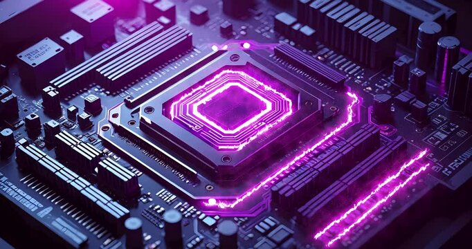 Abstract motherboard with CPU and radio parts. Luminous signals going through the conductors.