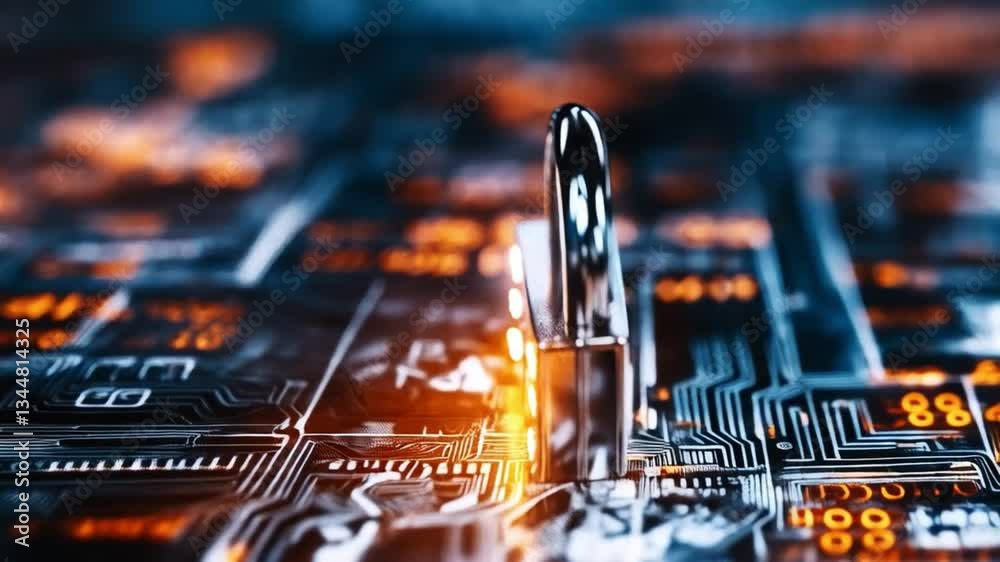 Aufkleber A metallic padlock sits prominently on a complex digital background, symbolizing security in banking.
