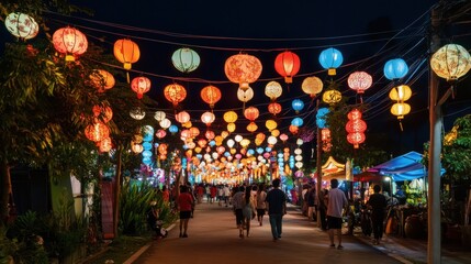 Naklejka premium Vibrant night market, lanterns illuminate a bustling street