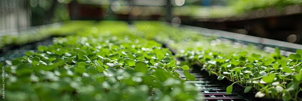 Poster rows of thriving microgreens nurtured under efficient drip irrigation system in greenhouse with lush