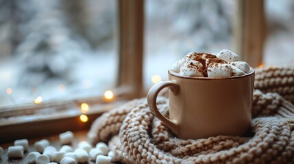 Cozy winter setting a cup of hot cocoa and marshmallows soft lighting and ample text space