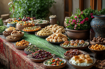 Assortment of Vibrant Dishes and Sweets with Greenery and Colorful Flowers

