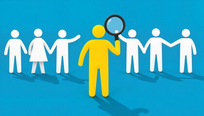 Yellow human icon under magnifying glass among white icons, customer focus
