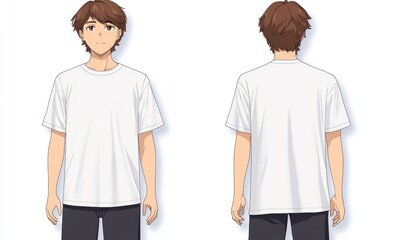 White T-shirt mockup, male model, front and back view, plain background, apparel design