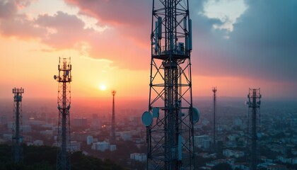 Telecommunication towers at dusk with cityscape view. Small cells enhance network coverage, capacity in urban areas. Wireless communication infrastructure ensures better connectivity. Sunset sky,