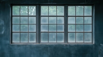 Weathered Triptych Window on Dark Blue Wall