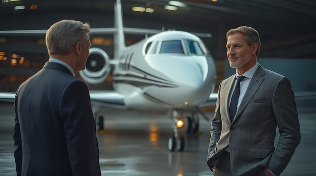 Excited businessmen engage in animated discussion on the tarmac near a luxurious private jet at sunset